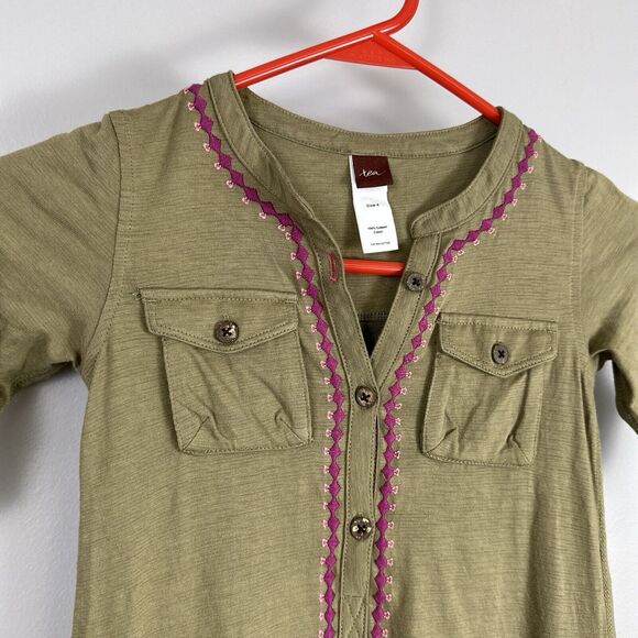 Tea Collection Outback Dress Girls Size 4 Army Green Cargo Pockets 100% Cotton - Picture 3 of 7